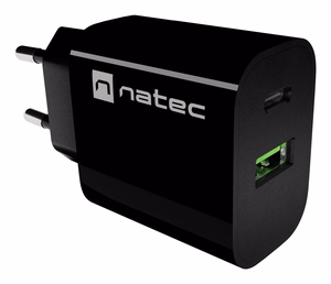 NATEC RIBERA sienas lādētājs 1X USB-A + 1X USB-C 20W melns