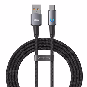 Kabelis ar LED gaismas indikatoru, USB A uz Type C, VEGER PD 3A 66W, AC1-ZSD, 1,2 m, melns