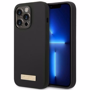 Guess GUHMP14XSBPLK iPhone 14 Pro Max 6.7" melns/melns cietais apvalks Silikona logotipa plāksne Magnētiskais