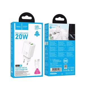 Lādētājs Hoco USB-A + USB-C QC3.0 PD 3A 20W + kabelis USB-C uz Lightning N61 balts