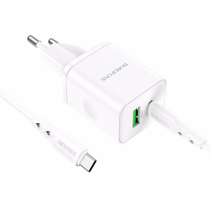 Borofone Sienas lādētājs BN7 - USB + Type C - QC 3.0 PD 20W ar Type C uz Type C kabeli balts