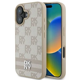 DKNY šachī raksts un drukātas svītras iPhone 16 apvalks rozā