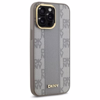 DKNY Ādas rūtainais mono raksts Magnētiskais viedtālruņa apvalks iPhone 14 Pro Max - bēša