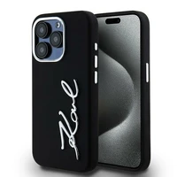 Karl Lagerfeld silikona metāla skripta logotips viedtālruņa apvalks iPhone 15 Pro Max - melns