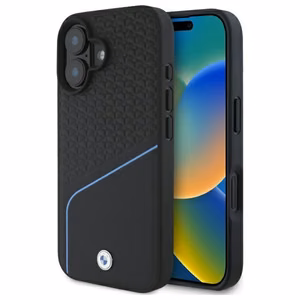 BMW zīmes ādas teksturēts un līniju magnētiskais iPhone 16 viedtālruņa apvalks - melns