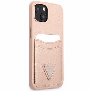 Guess GUHCP13MPSATPP iPhone 13 6.1 viedtālruņa apvalks, rozā, ciets, ar Saffiano trīsstūra logotipu un karšu nodalījumu