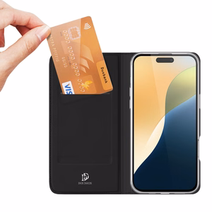 Dux Ducis Skin Pro viedtālruņa apvalks iPhone 16 Plus ar atveramu vāciņu un karšu nodalījumu - melns