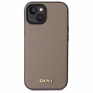 DKNY Grained Metal Logo Magnētiskais iPhone 15 viedtālruņa apvalks - bēšs