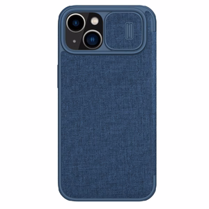Nillkin Qin auduma apvalks iPhone 14 Plus ar kameras vāciņu un maciņu zils