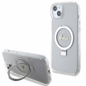 Guess GUHMP15MHRSGSD iPhone 15 Plus / 14 Plus 6.7" caurspīdīgs/caurspīdīgs cietais apvalks Gredzena Statīvs Script Glitter Magnētiskais