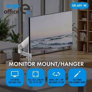 Ergo Office ER-691 W – monitora turētājs ar gāzes atsperi 17–32 collu ekrāniem, 1–10 kg, VESA līdz 100×100, matēti balts