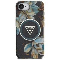 Guess IML Metal Glitter Flowers Triangle magnētiskais viedtālruņa apvalks iPhone 16e - melns