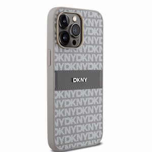 DKNY ādas mono svītra un metāla logotips viedtālruņa apvalks iPhone 14 Pro - bēšs