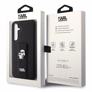 Karl Lagerfeld Gripstand Saffiano Karl&Choupette Pins viedtālruņa apvalks Samsung Galaxy S23 FE - melns