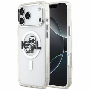 Karl Lagerfeld IML mirdzošais Karl & Choupette skices logotipa magnētiskais viedtālruņa apvalks iPhone 17 Pro Max - caurspīdīgs