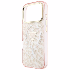 Guess IML Leopard Glitter Triangle Logo MagSafe maciņš modelim iPhone 17 Pro Max / 18 Pro Max – krāsa: rozā