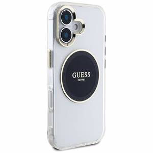 Guess IML Metal Colored Circle Classic Logo Magnētiskais viedtālruņa apvalks iPhone 16 - melns