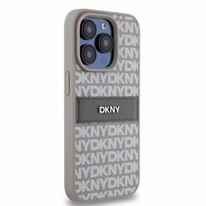 DKNY Ādas mono svītra un metāla logotips viedtālruņa apvalks iPhone 15 Pro Max - bēšs