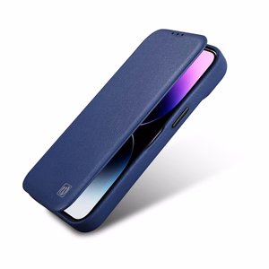 iCarer CE Premium ādas folio viedtālruņa apvalks iPhone 14 Plus magnētiskais atveramais ādas folio apvalks MagSafe zila