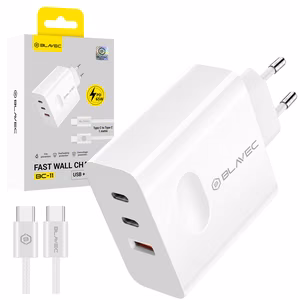Blavec Wall charger BC-11 GaN - USB + 2xType C - QC PD 65W 3A with Type C to Type C cable (TCBC11G-U2CW653A) white
