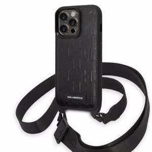 Karl Lagerfeld KLHCP14LSTMMK iPhone 14 Pro 6.1" cietais viedtālruņa apvalks melns/melns Monogrammas Plāksnītes Logotipa Siksna