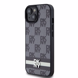 DKNY Ādas rūtainais mono raksts un drukātās svītras viedtālruņa apvalks iPhone 15/14/13 - melns