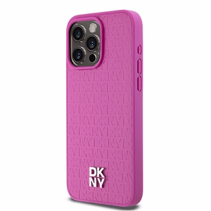 DKNY Ādas monogrammas raksta metāla logotips Magnētiskais viedtālruņa apvalks iPhone 15 Pro Max - rozā