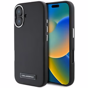 Karl Lagerfeld FW Metal Plate Magnētiskais iPhone 16 Plus viedtālruņa apvalks - melns