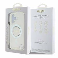 Guess IML Rhinestones magnētiskais viedtālruņa apvalks iPhone 16 Plus - balts