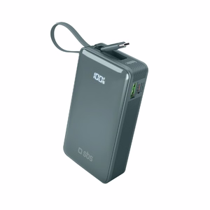 Внешний аккумулятор SBS 10000 mAh 20W со встроенным кабелем USB-C и цифровым дисплеем - серый
