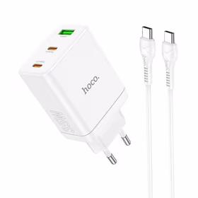 Lādētājs Hoco 2 x USB C + USB A QC3.0 PD 3A 35W N33 + Kabelis USB C uz USB C N33 balts