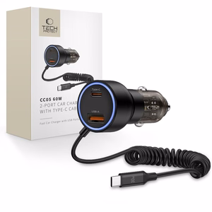 CC05 Automašīnas lādētājs 2 porti PD60 W + USB-C kabelis - melns