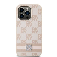 DKNY ādas rūtainais mono raksts un drukātas svītras viedtālruņa apvalks iPhone 14 Pro - rozā