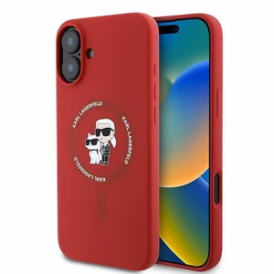 Karl Lagerfeld silikona magnētiskais viedtālruņa apvalks iPhone 16 Plus ar Karl & Choupette galvu gredzenu - sarkana