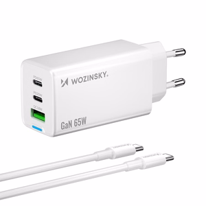Wozinsky GaN 65W Зарядное устройство USB-A 2xUSB-C с Кабелем USB-C 65W - белый