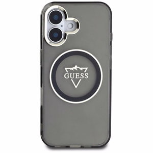 Guess IML Metal Mountain Logo Magnētiskais viedtālruņa apvalks iPhone 16 - melns