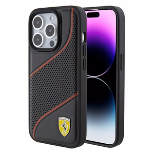 Ferrari Perforated Waves Metal Logo viedtālruņa apvalks iPhone 15 Pro - melns
