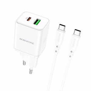 Borofone Sienas lādētājs BN7 - USB + Type C - QC 3.0 PD 20W ar Type C uz Type C kabeli balts