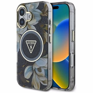 Guess Glitter Flowers Triangle Buttons Magnētiskais viedtālruņa apvalks iPhone 16 - melns