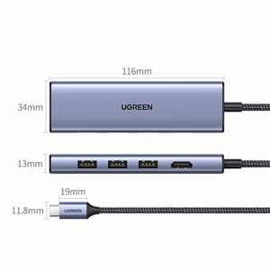 Ugreen CM511 20956A 6in1 sadalītājs USB-C - HDMI / 3x USB-A 3.0 / SD/TF karšu lasītājs - pelēks