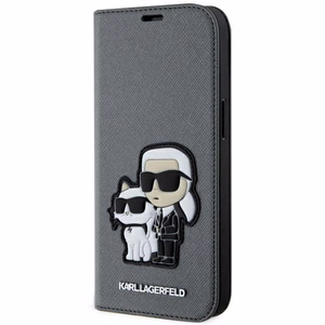 Karl Lagerfeld KLBKP14SSANKCPG iPhone 14 6.1" grāmatas tipa apvalks sudraba Saffiano Karl & Choupette