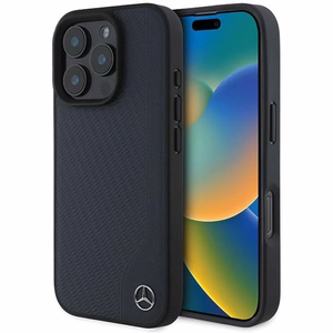 Mercedes MB MagSafe viedtālruņa apvalks iPhone 16 Pro Max no odas, imitācijas koka - Tumši zila