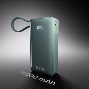Внешний аккумулятор SBS 10000 mAh 20W со встроенным кабелем USB-C и цифровым дисплеем - серый