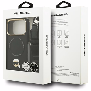 Karl Lagerfeld Big Strap Karl metāla logotipa Magnētiskais viedtālruņa apvalks iPhone 17 Pro - melns