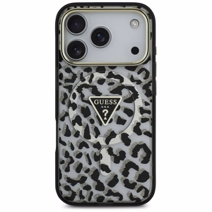 Guess leoparda spīdīgs magnētiskais viedtālruņa apvalks iPhone 17 Pro melns