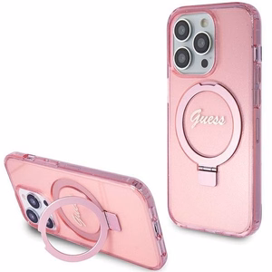 Guess viedtālruņa apvalks ar statīvu Ring Stand Script Glitter magnētiskais iPhone 15 Pro - rozā