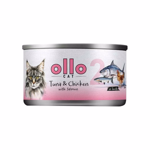 Ollo Cat No. 2 – mitrā kaķu barība ar tunci, vistas gaļu un lasi buljonā, 70 g