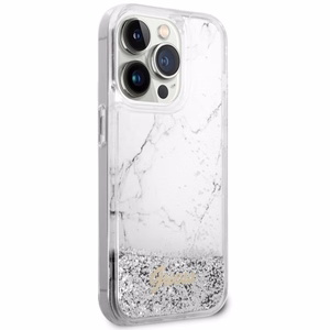Guess GUHCP14LLCSGSGH iPhone 14 Pro 6.1" balts cietais viedtālruņa apvalks ar šķidro spīdumu marmora dizains