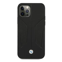 BMW ādas apvalks ar perforētām malām iPhone 12 Pro Max - melns