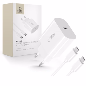 Tech-Protect NC20W PD20W USB-C sienas lādētājs ar USB-C kabeli - balts